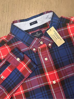 American Eagle Outfitters Shirt Mens XL Prep Fit Red Blue Plaid Button Down NWT